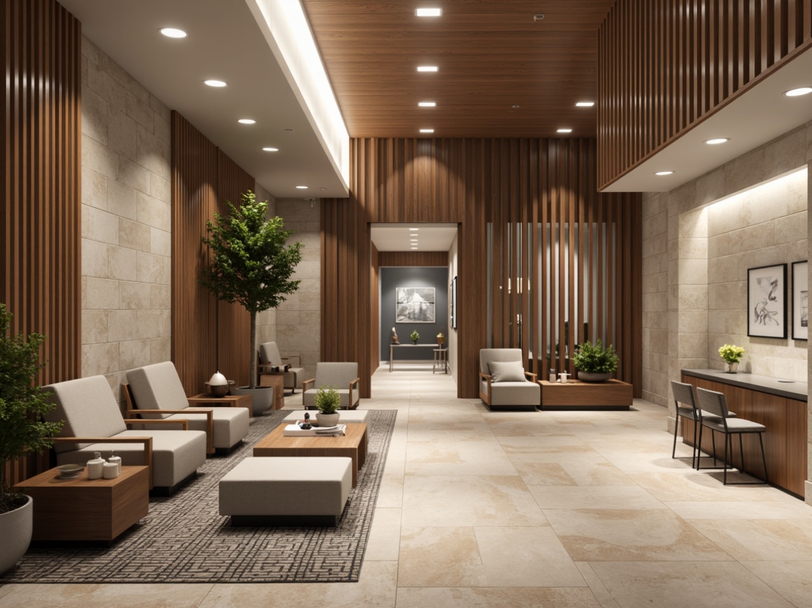 Prompt: Neutral-toned bank interior, transitional style decor, statement accent walls, rich wood tones, sleek metal fixtures, natural stone flooring, earthy color palette, textured wall finishes, geometric patterned rugs, modern minimalist furniture, elegant lighting fixtures, soft warm ambiance, shallow depth of field, 1/1 composition, realistic textures, ambient occlusion.