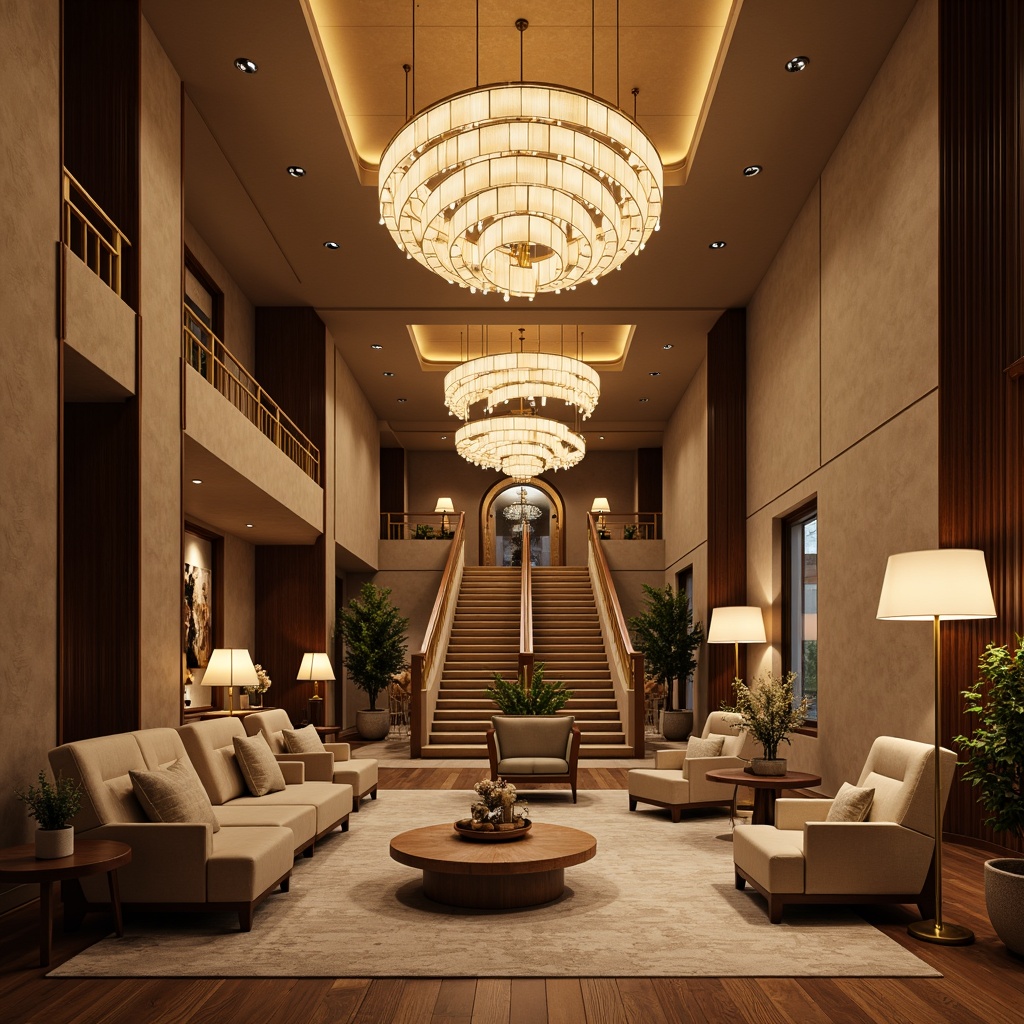 Prompt: Cozy hotel lobby, warm ambient lighting, soft glowing chandeliers, plush seating areas, rich wood accents, luxurious textiles, sophisticated color palette, intimate atmosphere, modern minimalist fixtures, LED strip lights, floor lamps, table lamps, warm beige tones, creamy whites, soft pastels, dramatic high ceilings, elegant staircases, grand entrances, inviting corridors, warm welcoming glow, 1/1 composition, shallow depth of field, realistic textures, ambient occlusion.