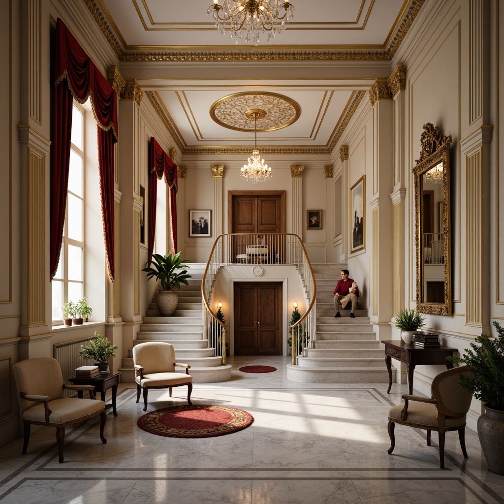 Prompt: Elegant interior spaces, ornate molding details, refined neoclassical architecture, polished marble floors, crystal chandeliers, grand staircases, intricate ceiling medallions, gilded frames, luxurious fabrics, velvet drapes, ornamental mirrors, antique furniture pieces, carved wooden paneling, subtle warm lighting, shallow depth of field, 1/1 composition, realistic textures, ambient occlusion.