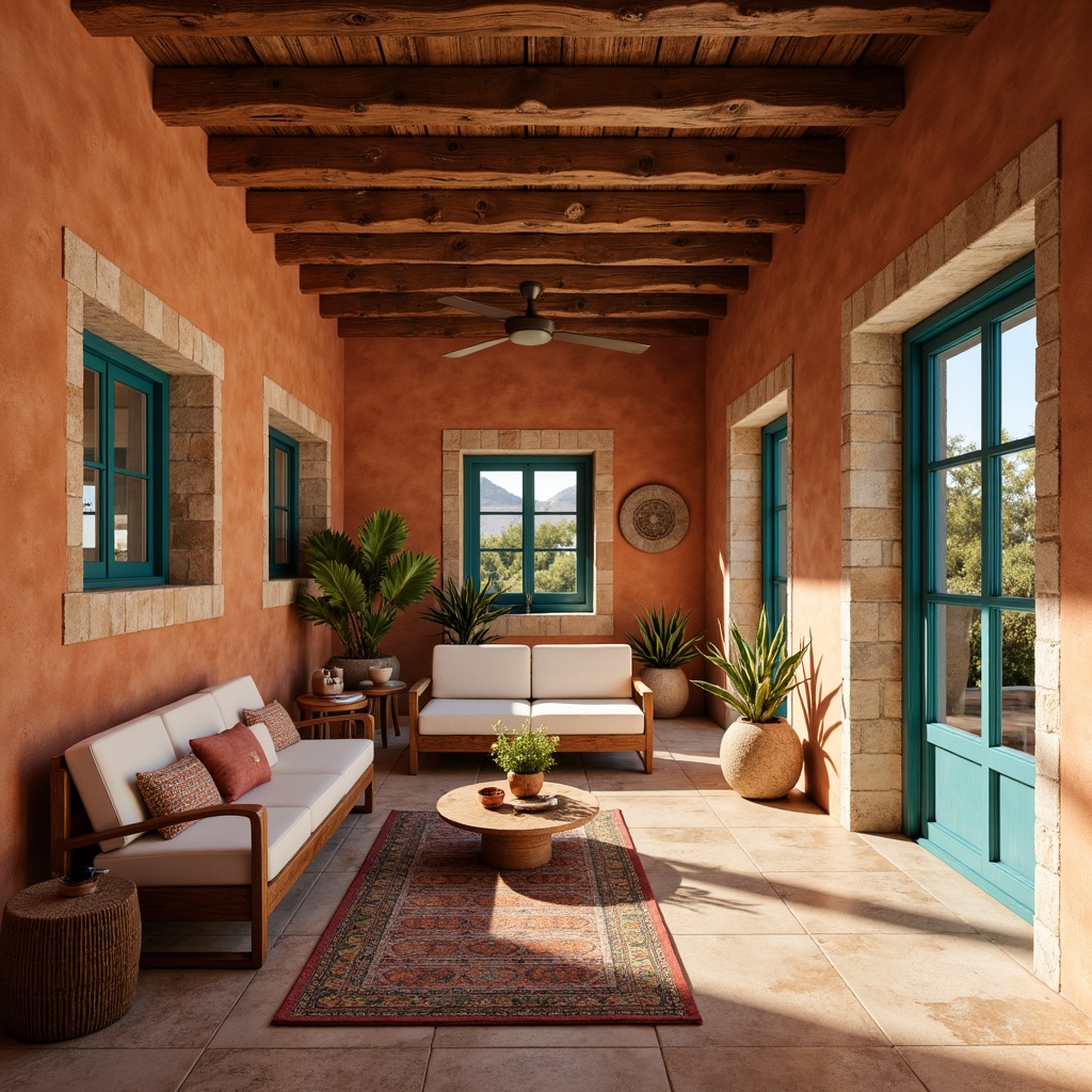 Prompt: Warm terracotta walls, rustic stone accents, turquoise glass doors, wooden beam ceilings, earthy tone flooring, natural adobe textures, cacti and succulent gardens, desert landscape views, sunny afternoon lighting, soft warm shadows, 1/2 composition, shallow depth of field, realistic earthy tones, ambient occlusion, Southwestern-inspired furniture, woven textiles, geometric patterned rugs, vibrant colorful pottery.