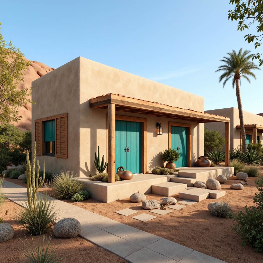 Prompt: Earthy southwestern villa, adobe-inspired architecture, warm beige stucco walls, rustic wooden accents, vibrant turquoise doors, burnt orange roof tiles, cacti and succulents, desert landscape, clear blue skies, sandy dunes, warm sunny day, soft gentle lighting, shallow depth of field, 3/4 composition, panoramic view, realistic textures, ambient occlusion.