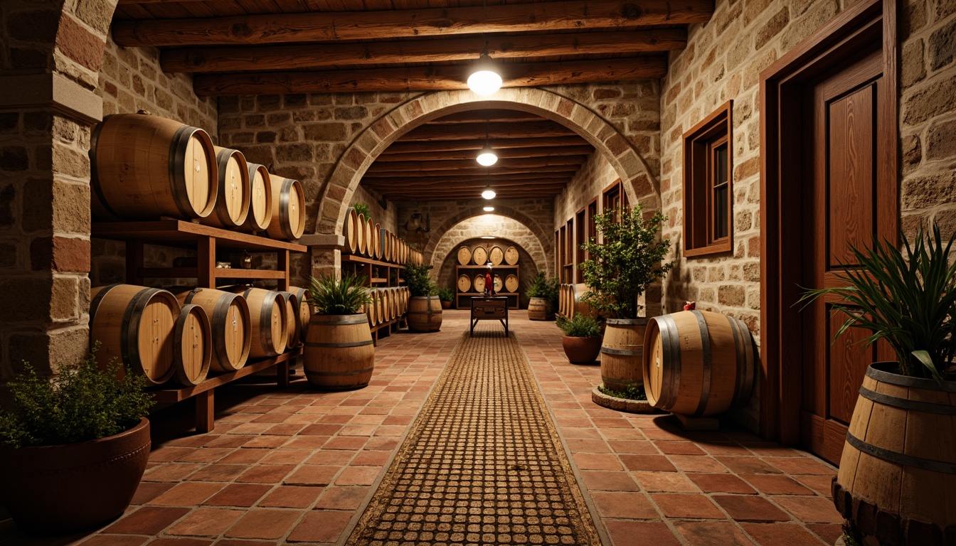 Prompt: Rustic wine cellar, reclaimed wooden planks, distressed stone flooring, earthy tone terracotta tiles, vintage-inspired metal grates, worn brick pathways, natural fiber rugs, wooden wine barrels, dim warm lighting, rich wood accents, stone walls, arched ceilings, cozy intimate atmosphere, soft warm color palette, 1/2 composition, low-angle shot, realistic textures, ambient occlusion.