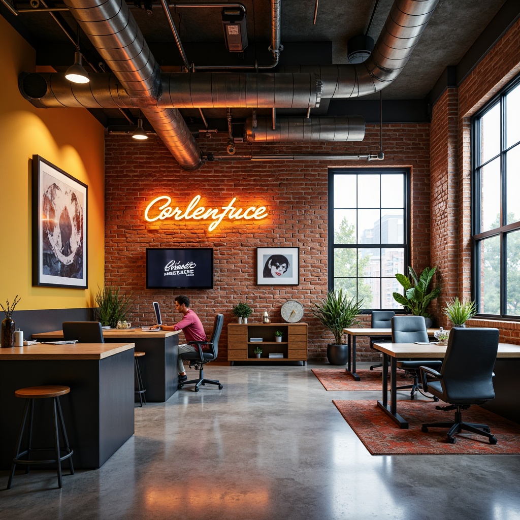 Prompt: Vibrant industrial workspace, exposed brick walls, polished concrete floors, metallic beams, reclaimed wood accents, bold color blocking, geometric patterns, neon signage, modern lighting fixtures, ergonomic workstations, sleek metal chairs, abstract artwork, natural textiles, earthy tones, warm atmospheric lighting, shallow depth of field, 1/2 composition, realistic reflections.