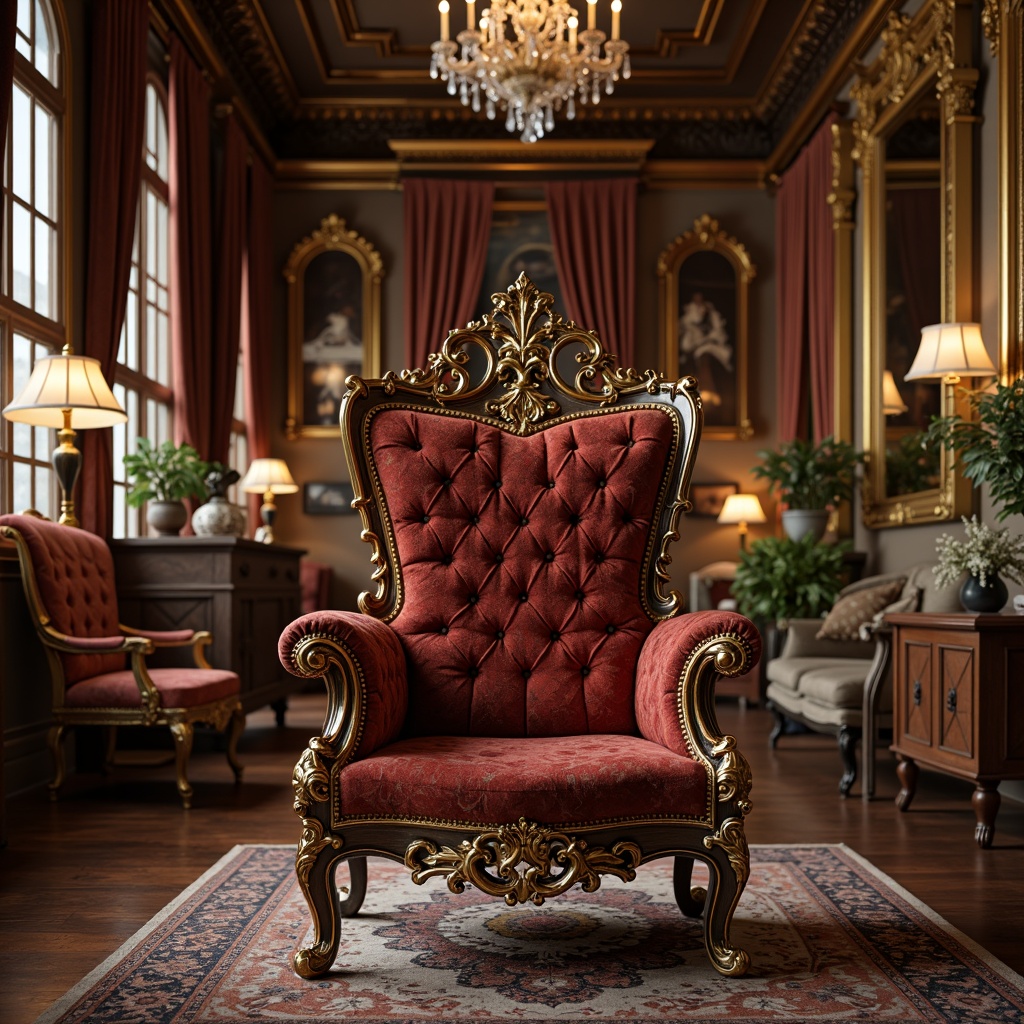 Prompt: Ornate throne chair, intricately carved wooden legs, gilded golden accents, velvet upholstery, luxurious fabrics, ornamental mirrors, crystal chandeliers, lavish drapery, opulent furnishings, curved lines, asymmetrical shapes, French 18th century inspiration, aristocratic ambiance, richly polished wood, soft warm lighting, shallow depth of field, 1/1 composition, realistic textures, ambient occlusion.