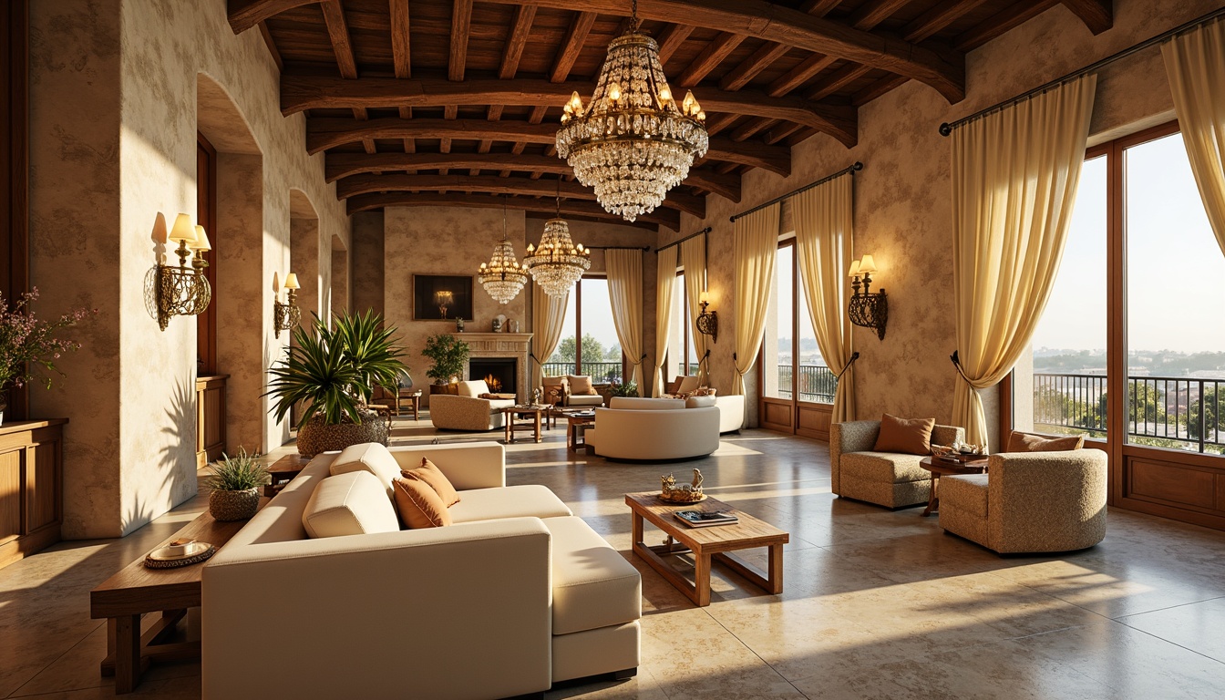 Prompt: Luxurious penthouse, French country style, warm golden lighting, crystal chandeliers, elegant sconces, ornate metalwork, rustic wooden beams, natural stone walls, creamy white marble floors, plush velvet furnishings, lavish drapery, soft warm glow, afternoon sunlight, shallow depth of field, 1/1 composition, intimate atmosphere, realistic textures, ambient occlusion.