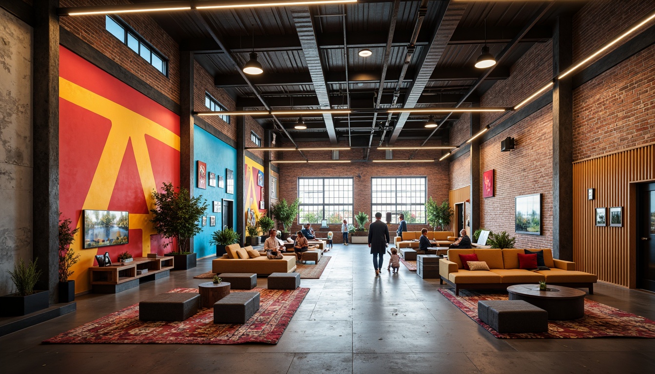 Prompt: Vibrant industrial warehouse, exposed brick walls, metal beams, polished concrete floors, colorful accent walls, bold geometric patterns, neon signage, eclectic decorative lighting, reclaimed wood accents, modern minimalist decor, airy open spaces, natural light pouring in, warm soft focus, shallow depth of field, 1/1 composition, realistic textures, ambient occlusion.