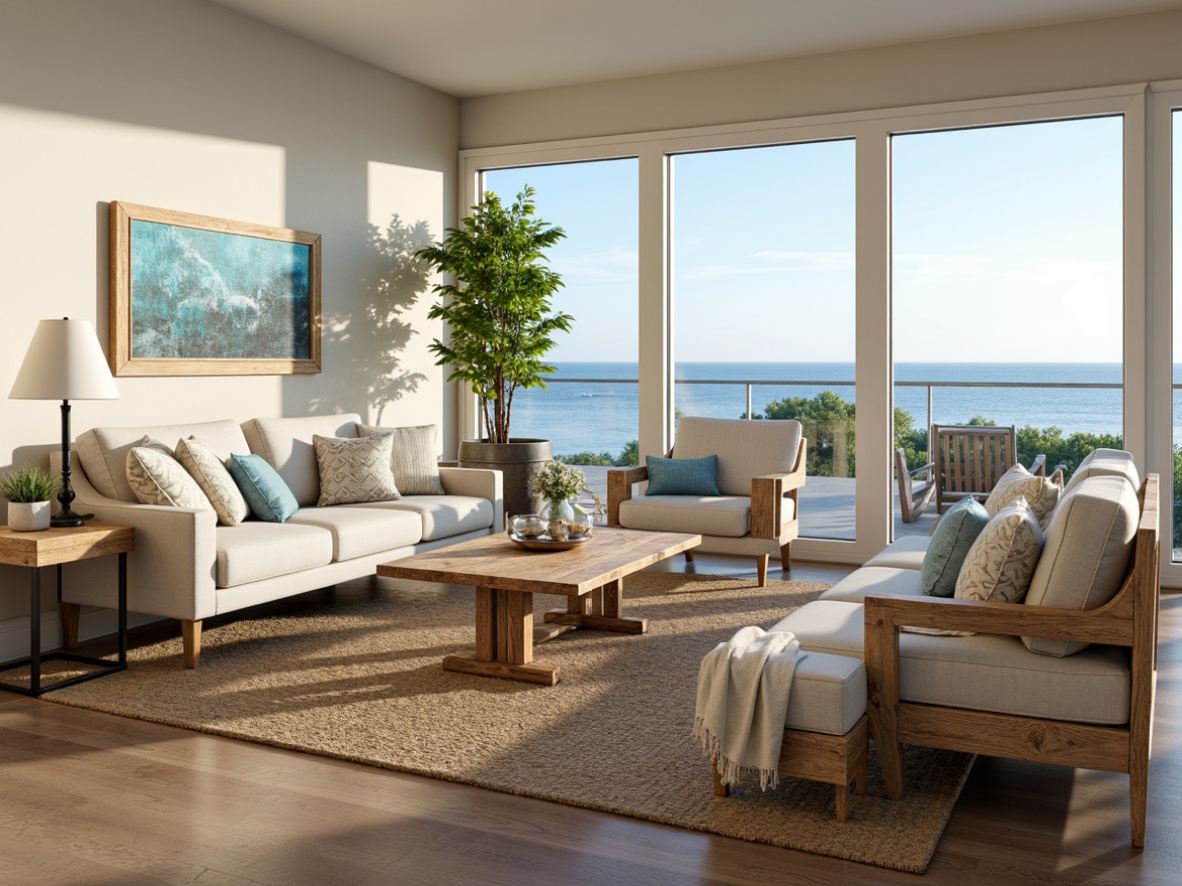 Prompt: Coastal-style living room, natural fabric sofas, driftwood coffee tables, woven sea grass armchairs, nautical-themed throw pillows, ocean-inspired wall art, soft blue and white color palette, beachy textures, rustic wooden accents, woven jute rugs, large windows with ocean views, warm sunny lighting, shallow depth of field, 3/4 composition, relaxed atmosphere, natural materials, organic shapes, calming ambiance.