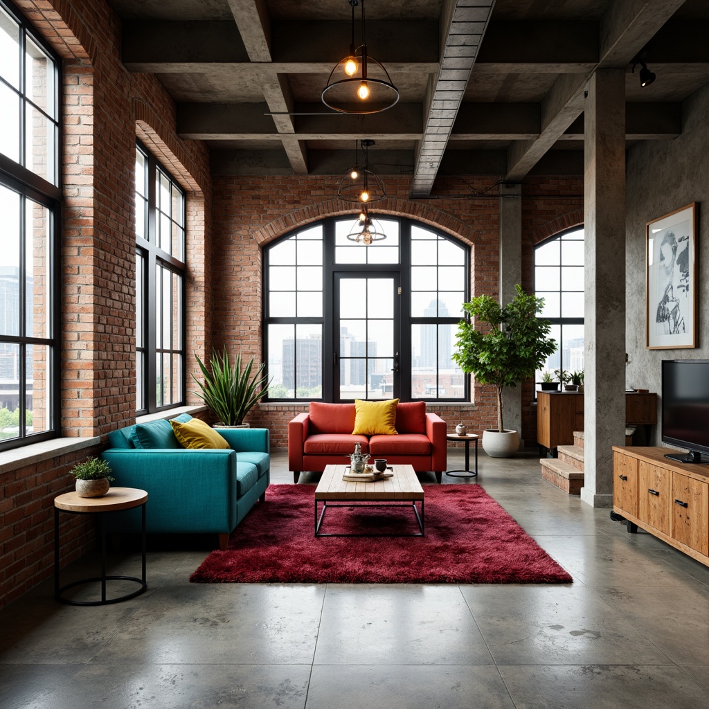 Prompt: Industrial chic loft interior, exposed brick walls, polished concrete floors, metal beams, reclaimed wood accents, Edison bulb lighting, minimalist decor, bold color accents, vibrant turquoise furniture, deep crimson rug, sunny yellow throw pillows, natural textiles, urban cityscape views, gritty architectural details, high ceilings, open floor plan, 1/1 composition, softbox lighting, realistic shadows.