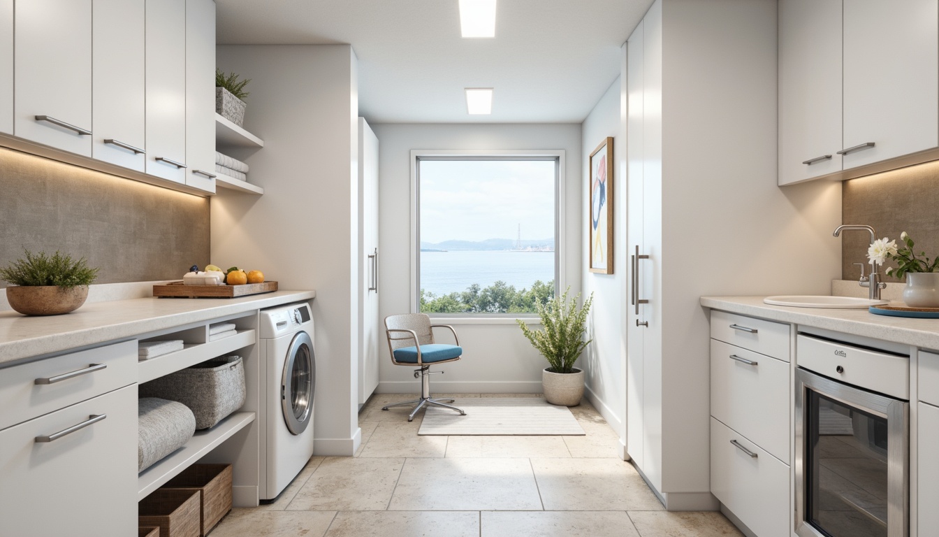 Prompt: Laundry room, durable countertops, scratch-resistant surfaces, water-repellent coatings, easy-to-clean materials, modern minimalist design, white cabinets, stainless steel appliances, chrome faucets, porcelain sinks, natural stone floors, bright overhead lighting, task lighting, soft pastel colors, clutter-free space, functional layout, efficient workflow, 3/4 composition, shallow depth of field, realistic textures.