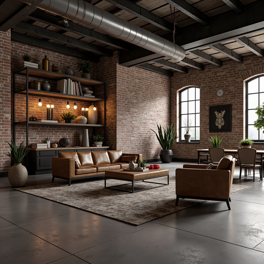 Prompt: Exposed brick walls, metal beams, reclaimed wood accents, industrial-chic furniture, distressed leather sofas, vintage metal chairs, Edison bulb lighting, urban loft atmosphere, minimalist decor, functional storage units, metallic frames, concrete floors, modern industrial aesthetic, clean lines, monochromatic color scheme, dramatic shadows, high-contrast lighting, 3/4 composition, shallow depth of field.