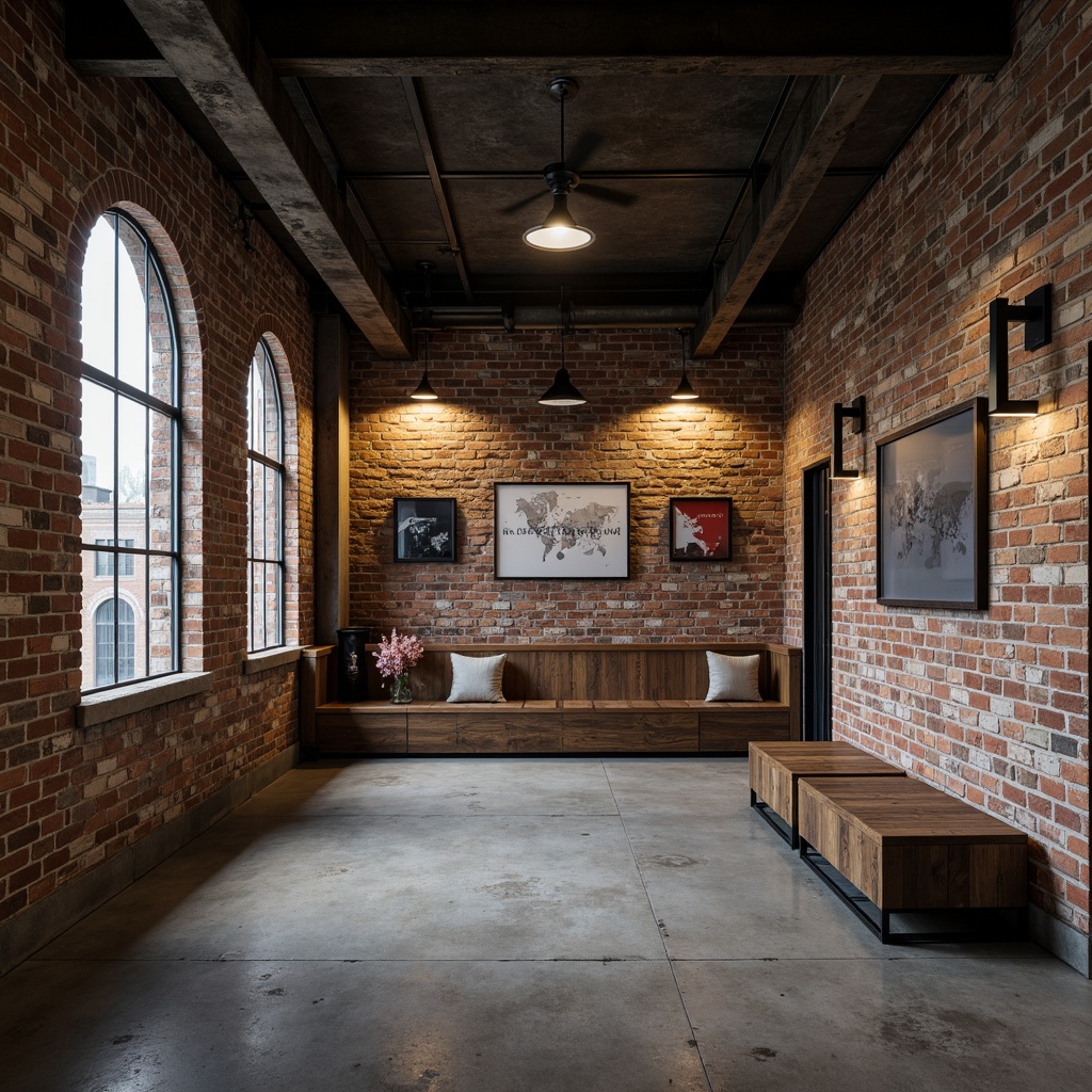 Prompt: Exposed brick walls, distressed metal accents, reclaimed wood textures, industrial lighting fixtures, concrete floors, urban cityscape, gritty realistic atmosphere, muted color palette, earthy tones, weathered steel beams, functional minimalism, brutalist architecture, stark shadows, high-contrast lighting, dramatic ambient occlusion, cinematic composition, 1/1 aspect ratio, desaturated colors, subtle gradients, rough stone walls.