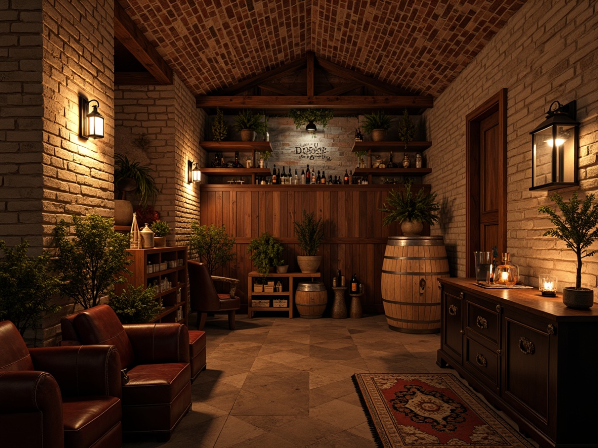 Prompt: Rustic wine cellar, stone walls, wooden barrels, dim warm lighting, earthy tones, natural textures, reclaimed wood accents, brick archways, vaulted ceilings, distressed finishes, metal lanterns, wooden crates, vintage wine bottles, rich leather furniture, ornate metalwork, soft candlelight, shallow depth of field, 1/1 composition, realistic rendering.