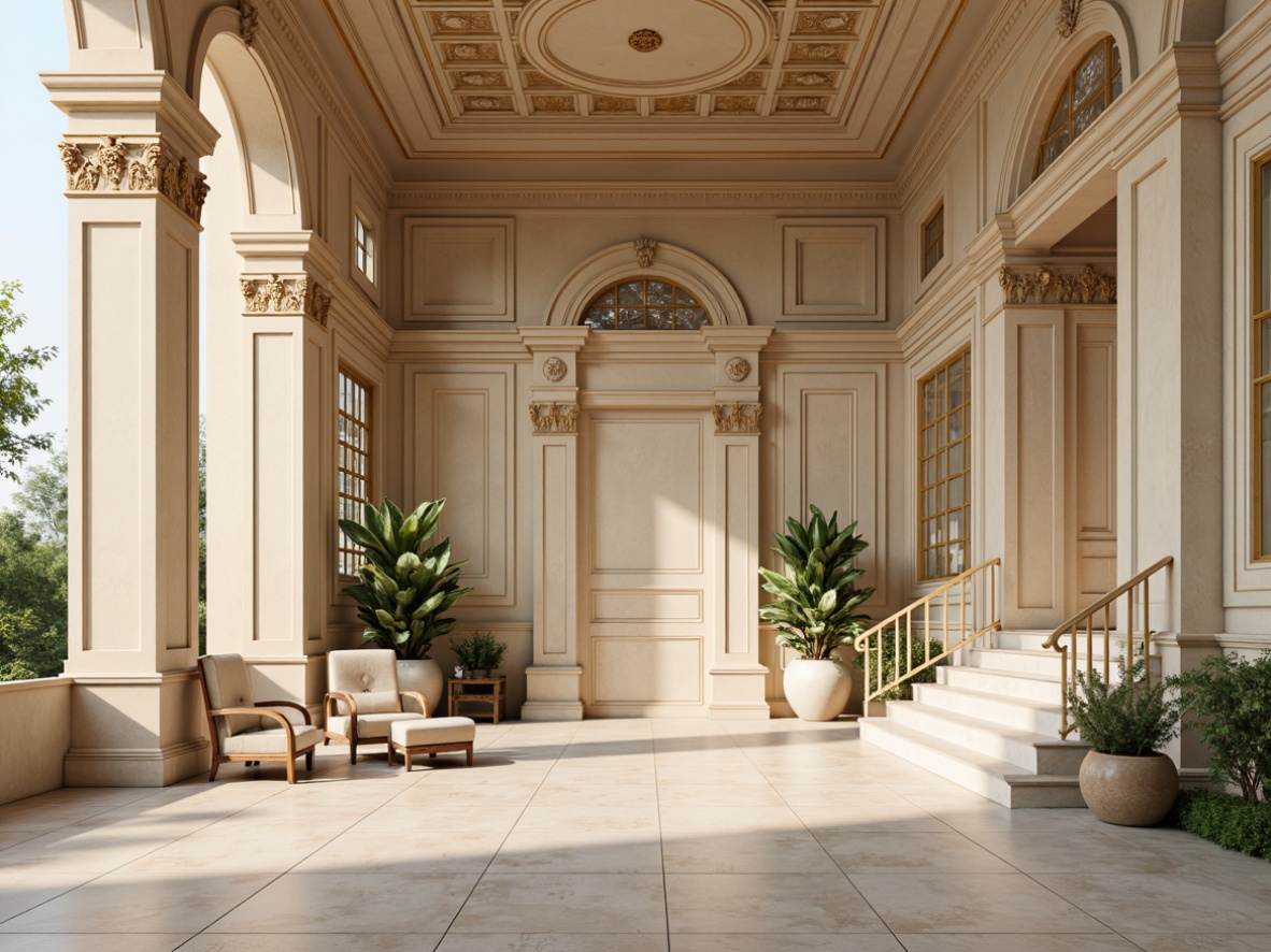 Prompt: Elegant neoclassical building, ornate details, neutral beige walls, rich gold accents, cream marble columns, subtle ivory arches, soft warm lighting, high-contrast shadows, intricate moldings, refined proportions, luxurious fabrics, velvety smooth textures, subtle sheen, classical proportions, serene atmosphere, natural stone floors, majestic staircases, symmetrical composition, 1/1 aspect ratio, realistic rendering.