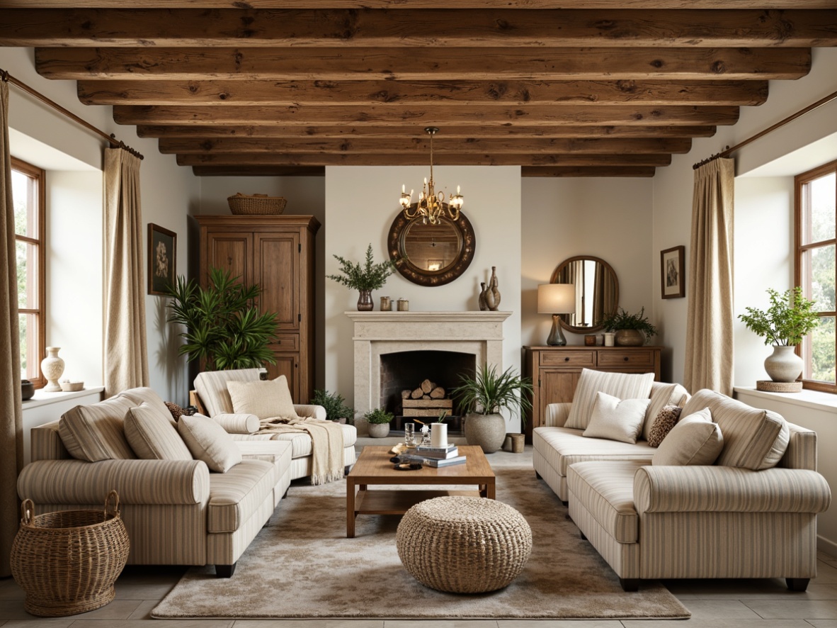 Prompt: Rustic wooden beams, soft cream walls, distressed finishes, vintage furniture pieces, plush velvet sofas, antique armchairs, carved wooden cabinets, ornate metalwork, natural linen fabrics, woven wicker baskets, warm golden lighting, traditional French country style, ornate mirrors, delicate ceramics, elegant chandeliers, rustic stone fireplaces, cozy reading nooks, comfortable sectionals, classic striped patterns, soft pastel colors, warm beige tones, elegant drapery, intricate wooden carvings.