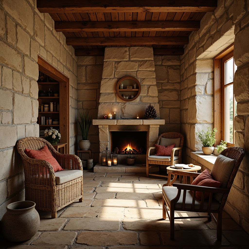 Prompt: Rustic cabin interior, natural stone walls, reclaimed wood flooring, wooden beams, earthy color palette, vintage furniture, woven textiles, rattan chairs, pinecone decorations, candles, lanterns, warm cozy lighting, soft shadows, shallow depth of field, 1/2 composition, realistic textures, ambient occlusion, earthy scent, peaceful atmosphere.