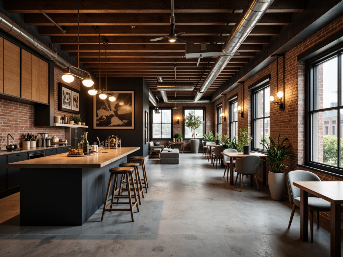 Prompt: Exposed ductwork, industrial chic decor, metal beams, reclaimed wood accents, urban loft atmosphere, dimmable lighting, metal shades, Edison bulbs, pendant lamps, concrete floors, brick walls, modern minimalism, neutral color palette, warm ambient glow, softbox lighting, 1/1 composition, shallow depth of field, realistic textures.