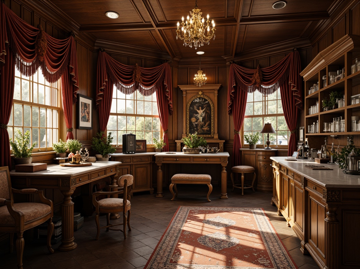 Prompt: Ornate craft room, rich wood tones, intricately carved furniture, gilded accents, velvet drapes, luxurious textiles, antique machinery, vintage tools, ornamental mirrors, crystal chandeliers, marble countertops, distressed finishes, warm golden lighting, soft focus, shallow depth of field, 1/1 composition, intimate atmosphere, realistic textures, ambient occlusion.