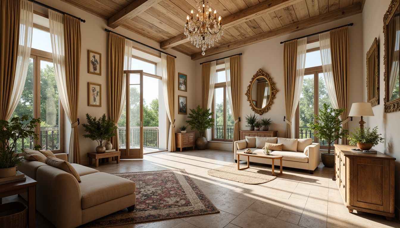 Prompt: Rustic French country style apartments, distressed wood accents, soft cream walls, warm beige stone floors, plush velvet furnishings, ornate golden mirrors, elegant crystal chandeliers, vintage wrought iron balconies, lush greenery, natural light pouring through large windows, soft warm lighting, shallow depth of field, 3/4 composition, realistic textures, ambient occlusion.