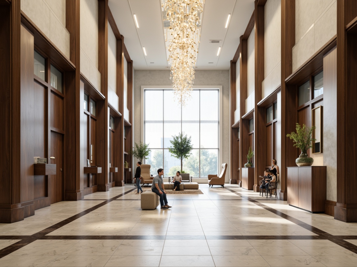 Prompt: Spacious banking hall, high ceilings, marble floors, grand chandeliers, wooden accents, neutral color palette, minimal ornamentation, sleek lines, modern furniture, comfortable seating areas, private meeting rooms, floor-to-ceiling windows, natural light pouring in, subtle texture variations, realistic material reflections, shallow depth of field, 1/1 composition, panoramic view, ambient occlusion.