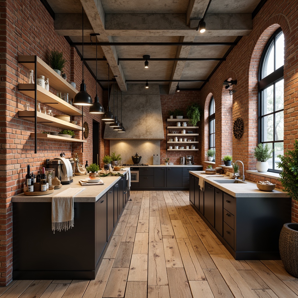 Prompt: Exposed brick walls, reclaimed wood floors, industrial metal beams, distressed concrete ceilings, rugged stone countertops, matte black metal accents, earthy color palette, minimalist decor, natural textiles, woven baskets, potted greenery, soft warm lighting, shallow depth of field, 1/1 composition, realistic textures, ambient occlusion.