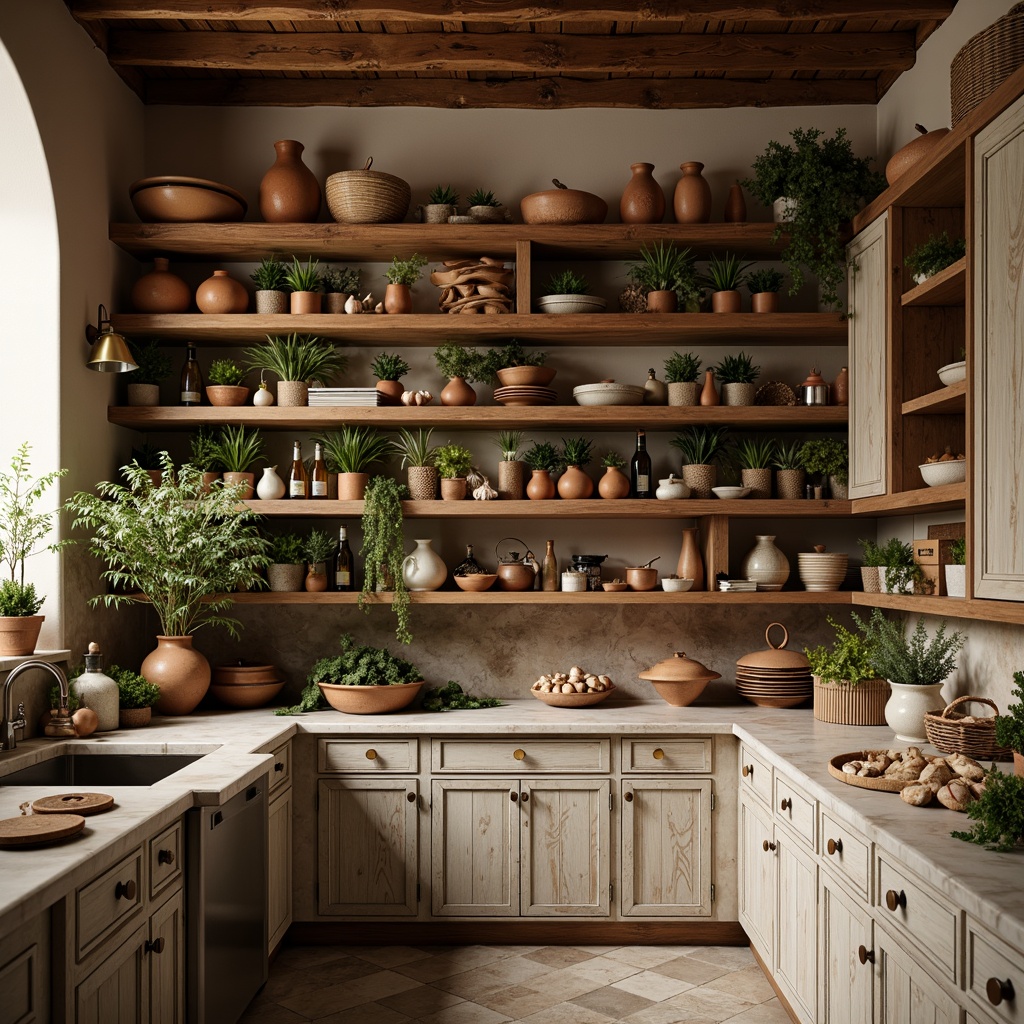 Prompt: Warm Mediterranean pantry, rustic wooden shelves, terra cotta pottery, olive oil bottles, garlic cloves, bunches of fresh herbs, ceramic vases, woven baskets, marble countertops, distressed metal cabinets, soft warm lighting, shallow depth of field, 1/1 composition, cozy atmosphere, inviting decor, earthy color palette, natural textures, ambient occlusion.