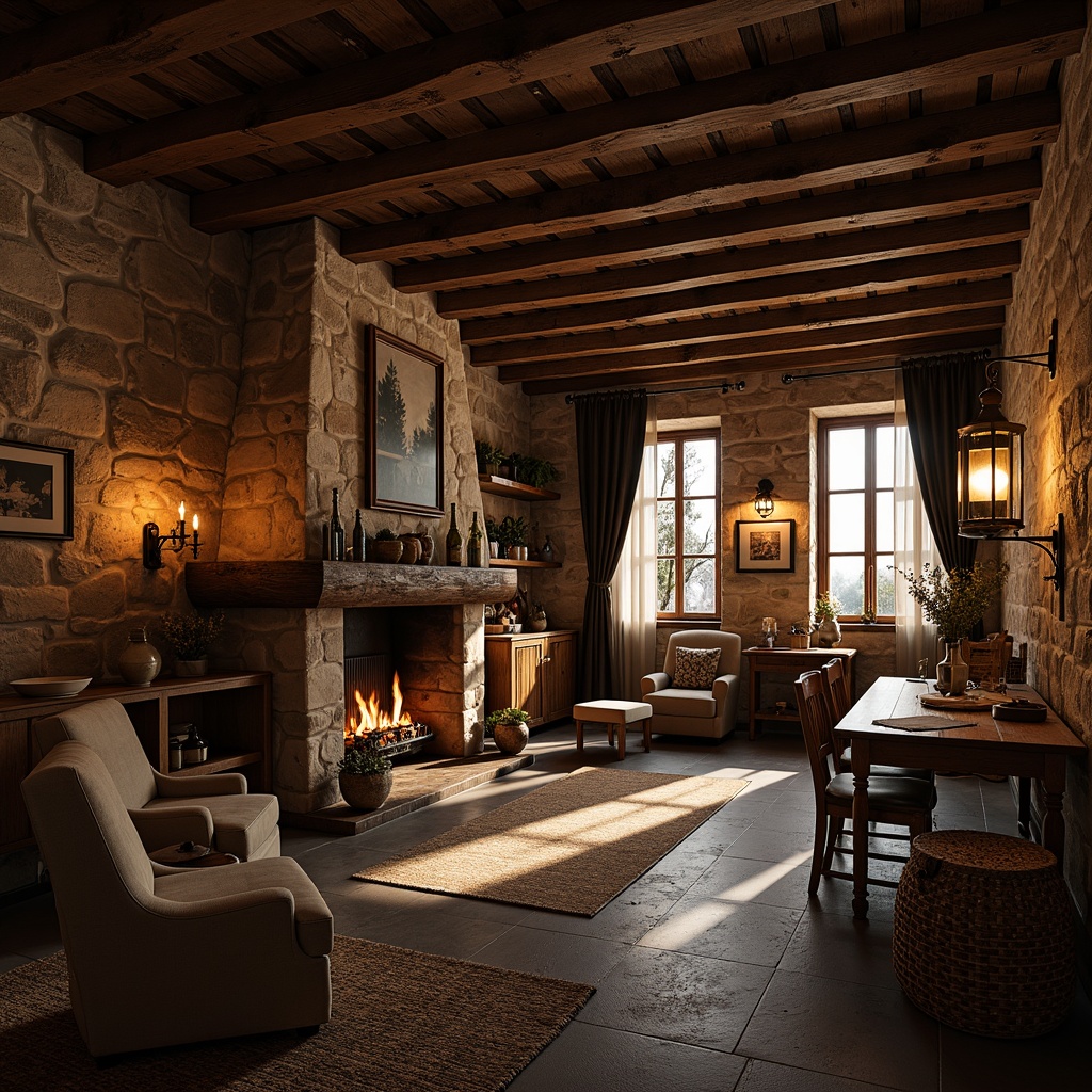 Prompt: Rustic interior, wooden beams, stone walls, earthy tones, vintage furniture, distressed textures, warm candlelight, soft lanterns, pendant lamps, wrought iron fixtures, natural fiber rugs, woven baskets, cozy fireplaces, crackling wood, dim ambient lighting, warm color temperatures, soft shadows, 1/2 composition, shallow depth of field, realistic materials.