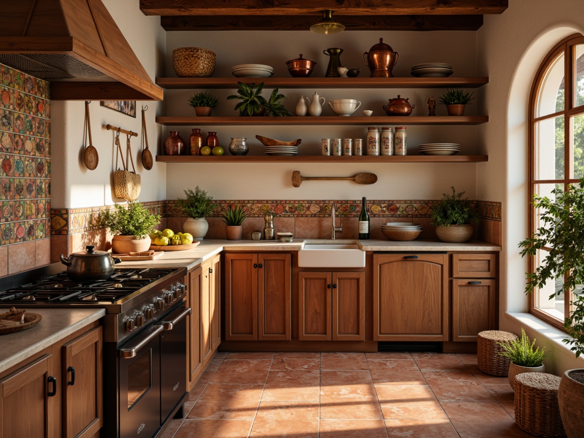 Prompt: Warm Mediterranean kitchen, earthy terracotta floors, rustic wooden cabinets, aromatic spices, vintage copper utensils, ceramic tiles, natural stone countertops, woven wicker baskets, colorful majolica pottery, fragrant herbs, sunny warm lighting, soft focus, shallow depth of field, 2/3 composition, inviting atmosphere, realistic textures, ambient occlusion.