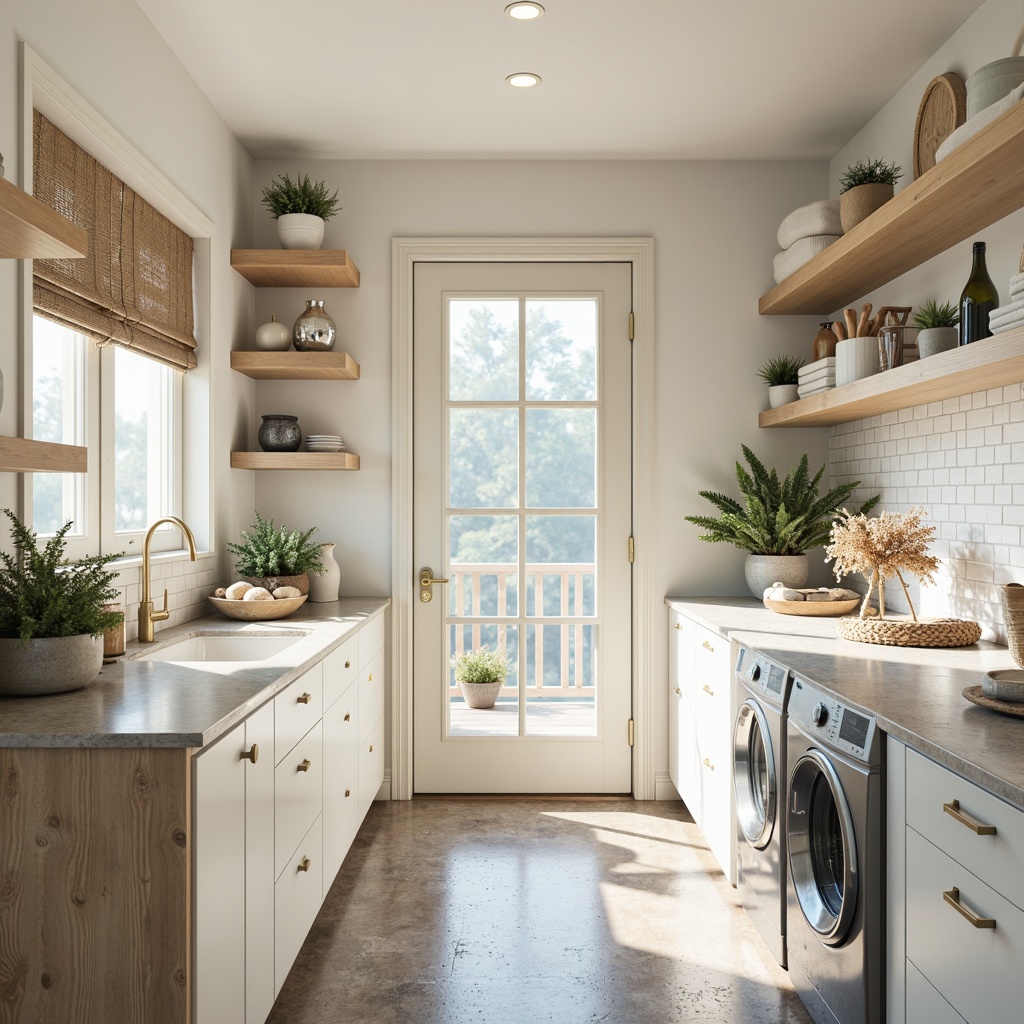 Prompt: Vibrant laundry room, soft pastel hues, calming whites, creamy beiges, gentle blues, warm earthy tones, natural stone countertops, sleek metal appliances, minimalist shelving, modern farmhouse decor, plenty of natural light, airy openness, 1/1 composition, softbox lighting, realistic textures, ambient occlusion.