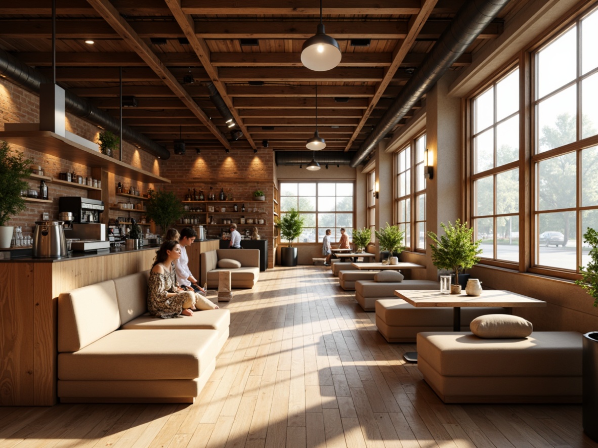 Prompt: Cozy coffee shop interior, warm wooden tones, comfortable seating areas, rustic brick walls, industrial metal beams, pendant lamps, soft warm lighting, warm beige color scheme, natural textiles, minimalist decor, intimate ambiance, relaxed atmosphere, afternoon sunbeams, subtle shadows, 1/1 composition, realistic renderings, ambient occlusion.