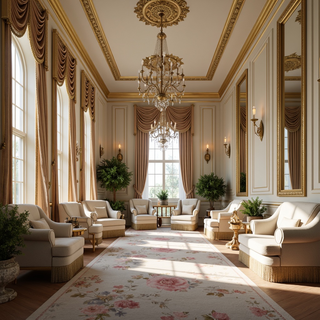 Prompt: Luxurious Rococo interior, soft golden lighting, ornate mirrors, velvet upholstery, delicate florals, pastel hues, creamy whites, rich woods, gilded accents, intricate carvings, lavish furnishings, plush carpets, Baroque patterns, subtle sheen, warm beige tones, pale blues, dusty roses, muted greens, ornamental details, extravagant chandeliers, opulent fabrics, refined elegance.