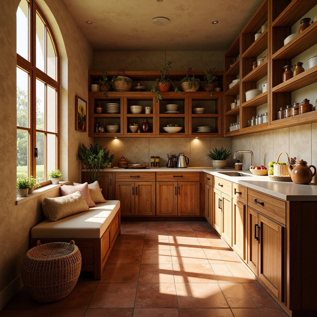 Prompt: Warm pantry interior, rich wood cabinetry, soft golden lighting, creamy countertops, earthy terracotta floors, natural stone backsplashes, warm beige walls, cozy corner seating, woven wicker baskets, rustic metal hardware, vintage kitchen utensils, aromatic spices, fresh herbs, colorful ceramic jars, sunny afternoon, soft focus, shallow depth of field, 1/1 composition, realistic textures, ambient occlusion.