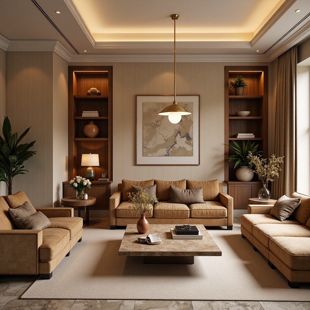 Prompt: Warm beige accent walls, rich wood tones, soft cream ceilings, elegant crown molding, luxurious velvet sofas, polished chrome hardware, minimalist coffee tables, sophisticated pendant lighting, natural stone flooring, earthy terracotta vases, rustic wooden shelves, neutral color palette, 3/4 composition, soft focus, warm ambient lighting, cozy atmosphere.