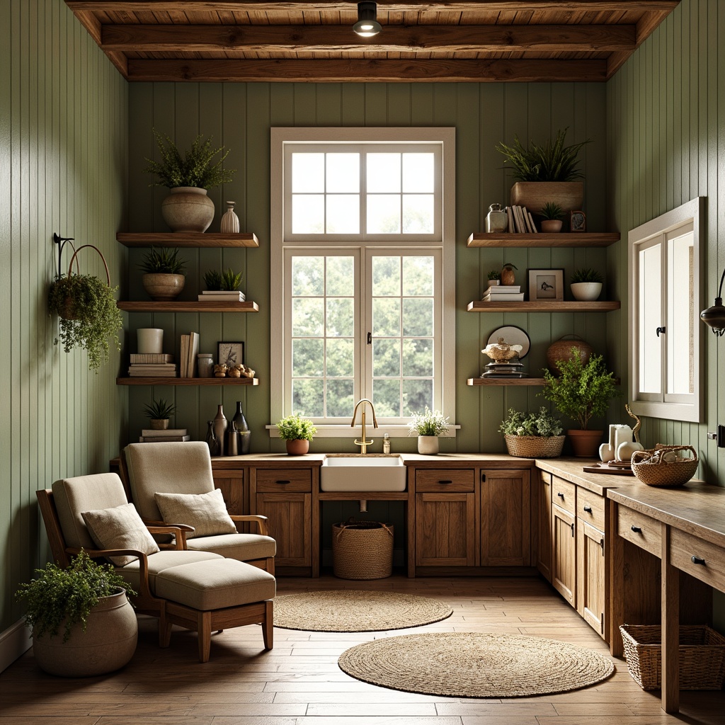 Prompt: Rustic farmhouse, distressed wood accents, vintage decor, eclectic mix of patterns, warm earthy tones, mossy green walls, creamy white trim, weathered metal fixtures, natural linen fabrics, woven baskets, antique furniture pieces, soft candlelight, cozy reading nook, plush area rugs, floral arrangements, wooden ladder shelves, open shelving, farmhouse sink, shiplap ceiling, warm beige floors, sunny afternoon light, shallow depth of field, 1/1 composition, realistic textures, ambient occlusion.