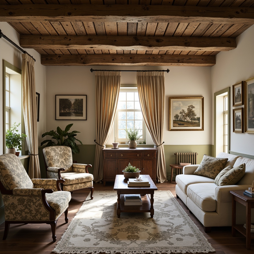 Prompt: Rustic farmhouse, distressed wooden beams, soft warm lighting, vintage furniture, elegant velvet fabrics, rich brocade patterns, natural linen textures, gentle floral motifs, muted earthy tones, subtle sheen, heavy drapery, ornate gold accents, classic stripes, toile de Jouy prints, romantic lace details, plush pile rugs, cozy throw blankets, countryside ambiance, warm beige colors, soft cream hues.