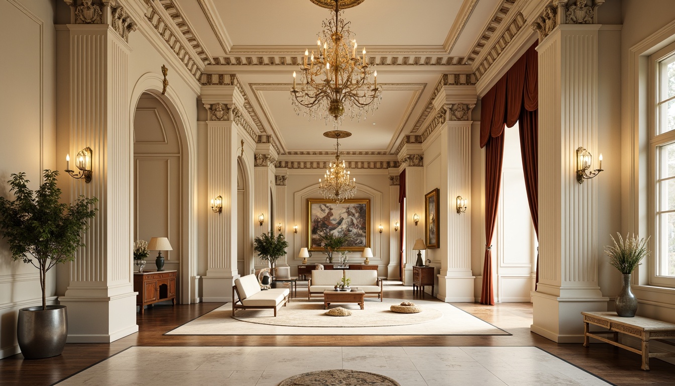 Prompt: Ornate interior, neoclassical molding details, intricate plasterwork, grand chandeliers, marble columns, ornamental archways, luxurious velvet drapes, gilded frames, refined furniture pieces, subtle cream hues, soft golden lighting, shallow depth of field, 1/2 composition, symmetrical arrangement, realistic textures, ambient occlusion.