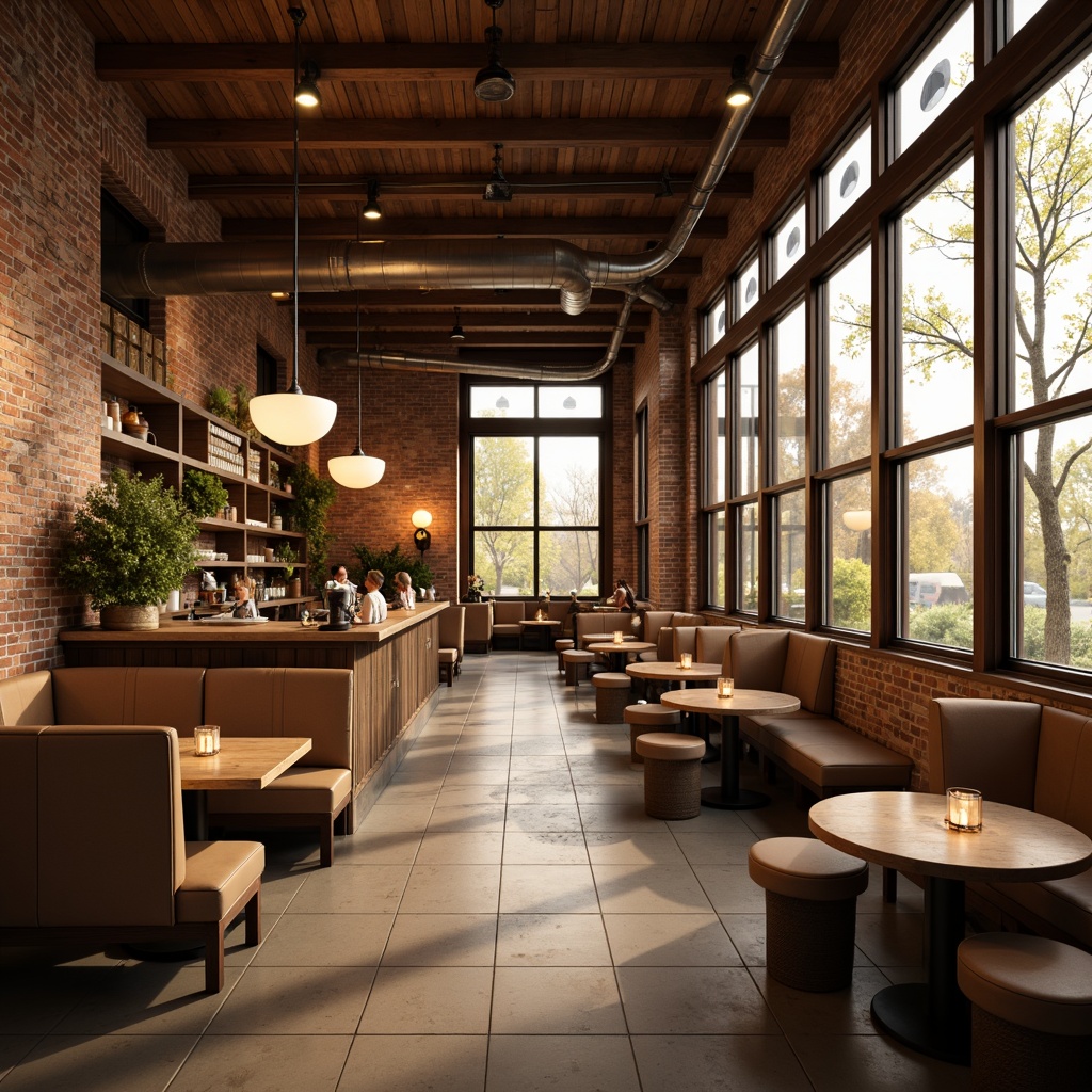 Prompt: Cozy coffee shop ambiance, warm wooden tones, rustic brick walls, comfortable seating areas, pendant lamps, industrial metal fixtures, soft warm lighting, layered lighting effects, ambient glow, tabletop candles, LED strip lights, floor-to-ceiling windows, natural daylight, warm beige colors, inviting atmosphere, relaxed vibe, morning sunlight, gentle shadows, 1/1 composition, realistic textures.