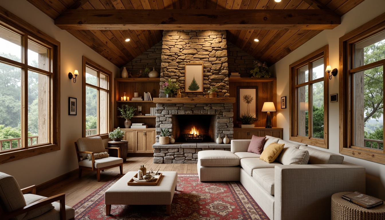 Prompt: Rustic cabin interior, earthy tone palette, warm beige walls, reclaimed wood accents, rough-hewn stone fireplace, cozy velvet furnishings, natural linen textiles, vintage metal fixtures, distressed wooden beams, candlelit ambiance, soft golden lighting, shallow depth of field, 1/1 composition, realistic textures, ambient occlusion.