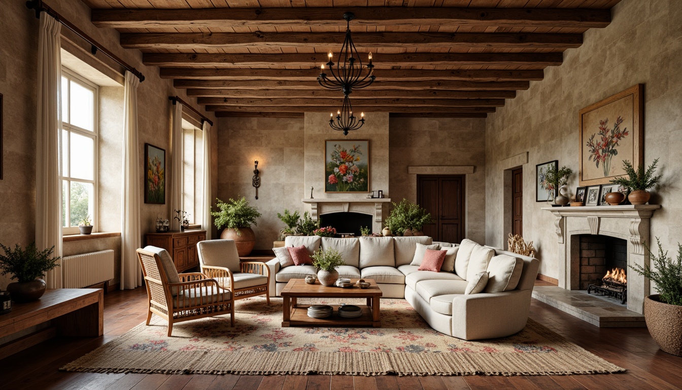 Prompt: Rustic farmhouse, distressed wood beams, vintage furnishings, soft warm lighting, natural stone walls, woven wicker furniture, floral patterns, subtle elegance, linen fabrics, cotton lace, velvet drapes, rich jewel tones, earthy terracotta hues, ornate metal accents, carved wooden details, botanical prints, aged leather upholstery, plush area rugs, cozy throw blankets, elegant chandeliers, warm beige tones, classic country charm.