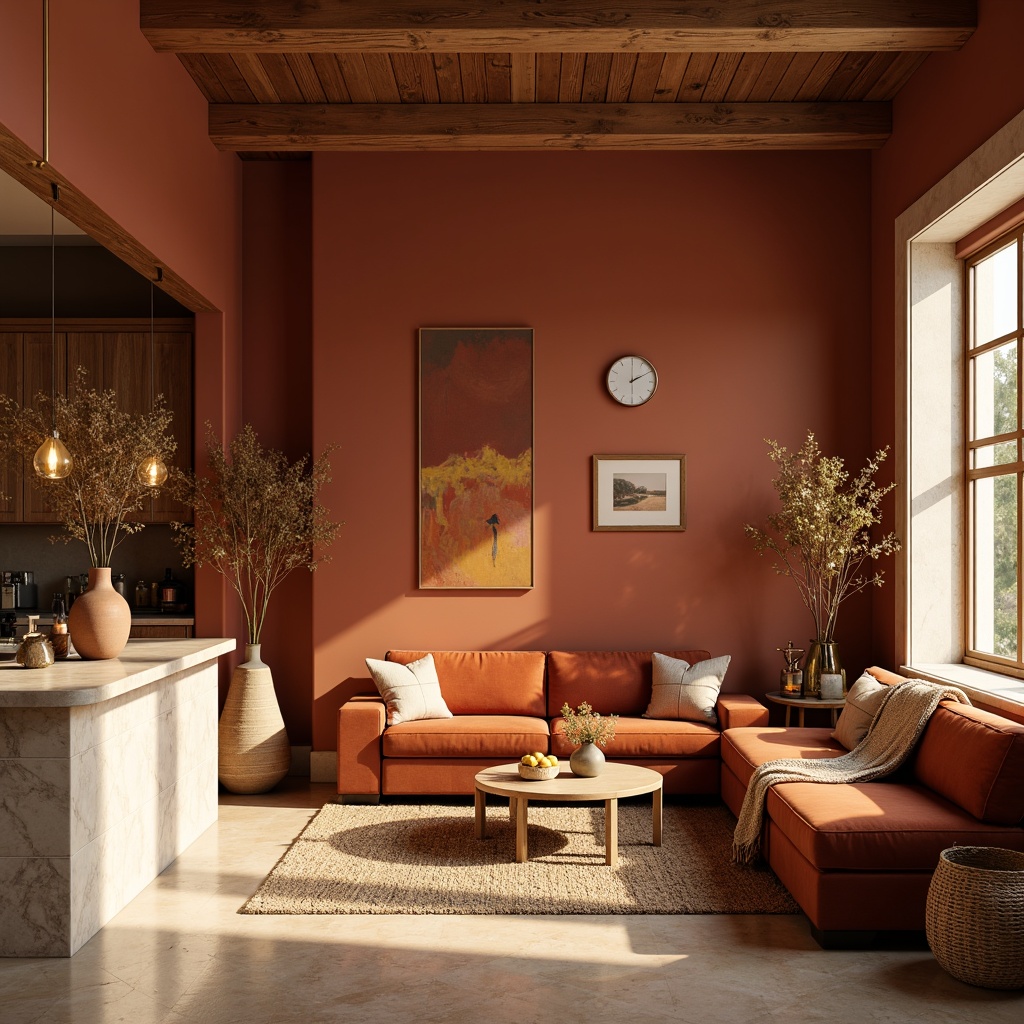 Prompt: Warm persimmon walls, rich wood accents, cozy throw blankets, soft velvet sofas, earthy terracotta vases, natural woven baskets, creamy marble countertops, golden metal lighting fixtures, autumnal leaf patterns, inviting living room setting, relaxing atmosphere, warm afternoon sunlight, shallow depth of field, 1/1 composition, realistic textures, ambient occlusion.