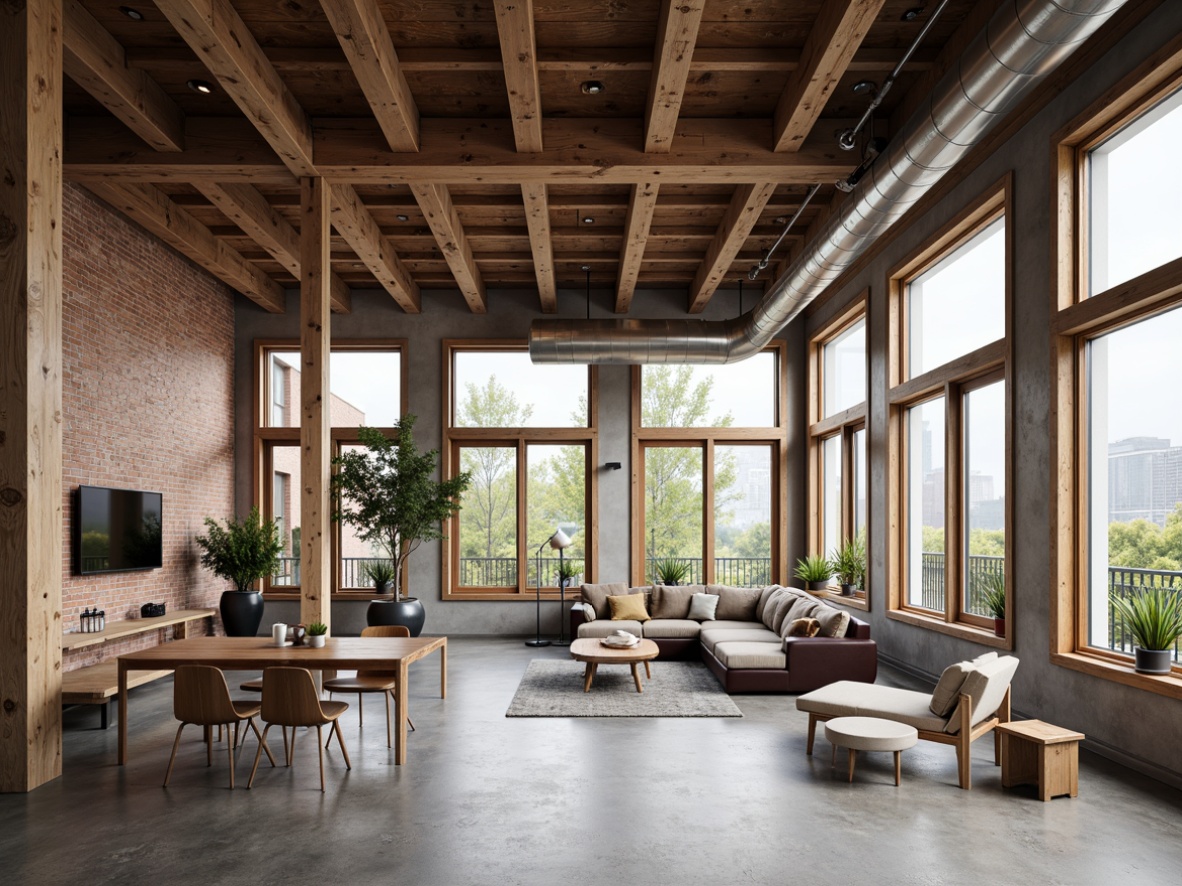 Prompt: Exposed industrial beams, reclaimed wood accents, metal ductwork, urban loft atmosphere, high ceilings, concrete floors, brick walls, large windows, natural light, minimalist decor, modern furniture, cozy textiles, warm color palette, soft lighting, shallow depth of field, 1/1 composition, realistic textures, ambient occlusion.