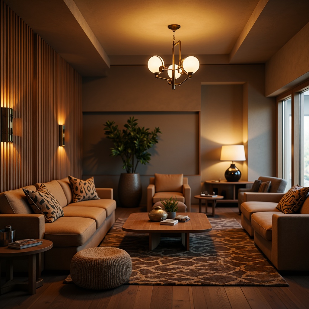 Prompt: Mid-century modern living room, warm ambient lighting, sleek metal sconces, globe pendant lights, minimalist chandeliers, retro-inspired table lamps, wooden accents, natural textiles, geometric patterns, earthy color palette, cozy atmosphere, soft warm glow, shallow depth of field, 3/4 composition, realistic textures, ambient occlusion.