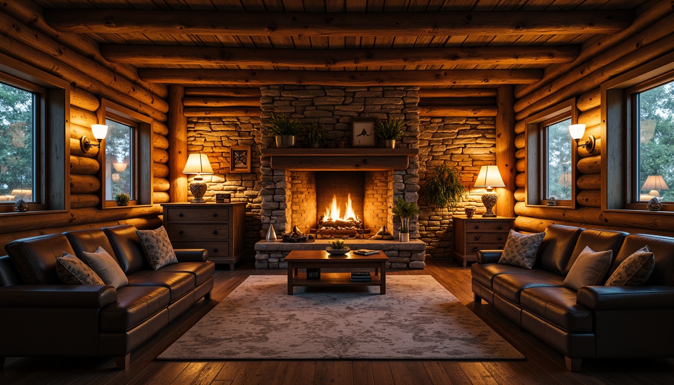 Prompt: Rustic cabin interior, wooden beams, stone walls, earthy color palette, warm candlelight, pendant lanterns, metal chandeliers, distressed wood furniture, vintage decor, cozy atmosphere, soft shadows, warm glow, natural textures, ambient lighting, table lamps, floor lamps, rustic metal fixtures, Edison bulbs, warm white light, inviting ambiance, 3/4 composition, shallow depth of field.