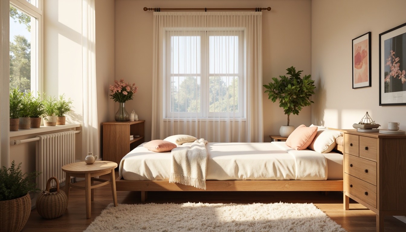 Prompt: Cozy dorm room, warm beige walls, soft creamy bedding, rich wood furniture, plush area rug, calming greenery, natural light, sheer curtains, minimalist decor, monochromatic color scheme, soothing pastel hues, soft peach accents, creamy whites, gentle grays, subtle texture contrasts, warm ambient lighting, shallow depth of field, 1/2 composition, intimate atmosphere.