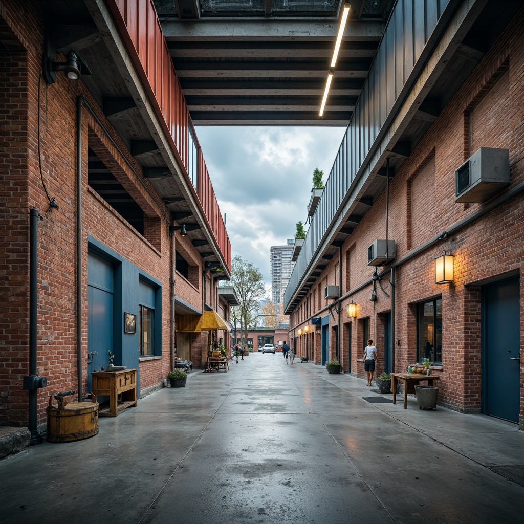 Prompt: Industrial-chic factory, exposed brick walls, metal beams, distressed wood accents, industrial-grade lighting fixtures, concrete floors, neutral-toned color palette, shades of grey, beige, and blue, rusty red tones, metallic silver accents, urban cityscape background, cloudy day, dramatic shadows, high-contrast lighting, shallow depth of field, 2/3 composition, realistic textures, ambient occlusion.