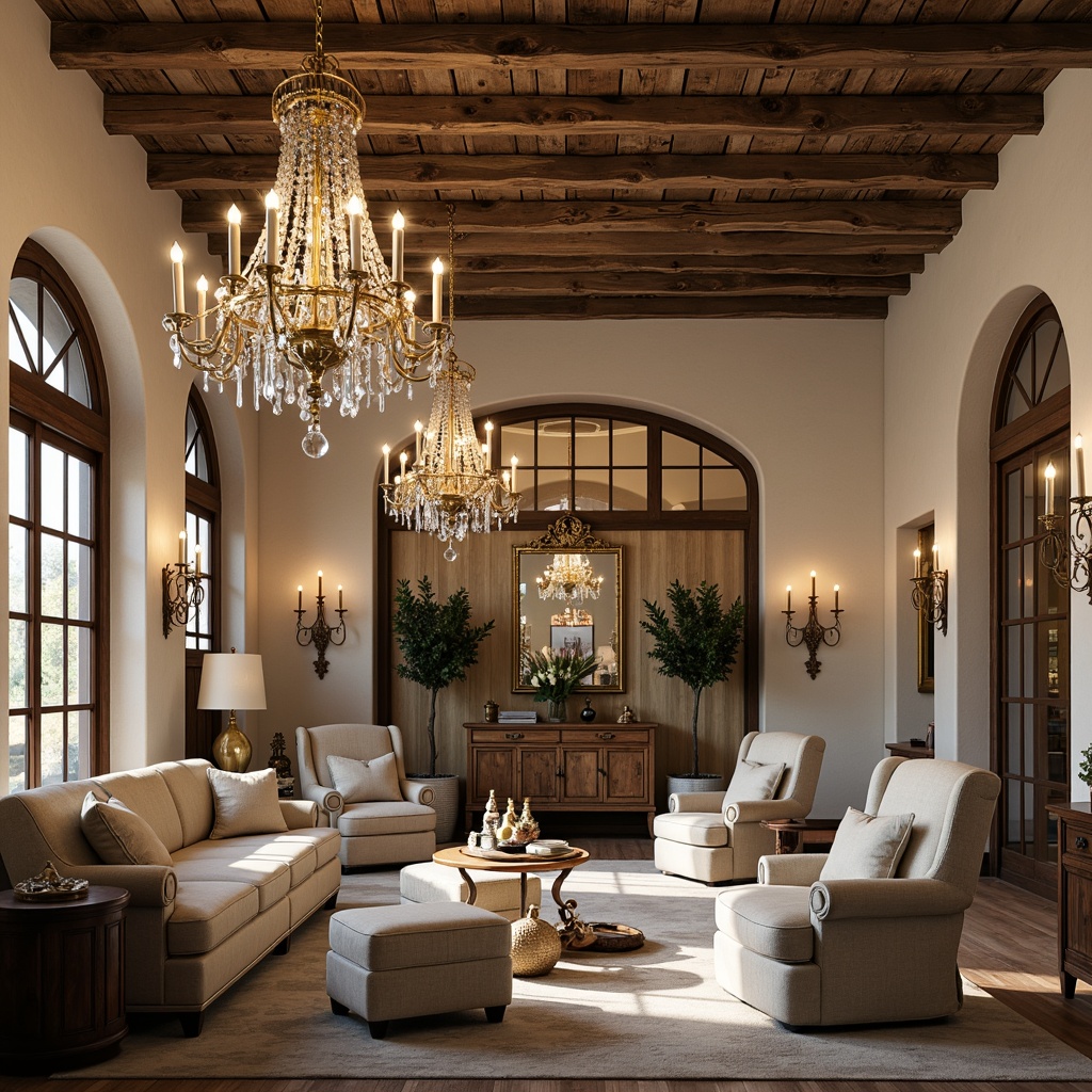 Prompt: Ornate chandeliers, crystal drops, gold leaf accents, distressed wood beams, rustic metalwork, vintage-inspired sconces, soft warm glow, candle-like ambiance, dimmable lighting, cozy atmosphere, luxurious fabrics, rich textures, lavish decor, French country charm, elegant curves, refined details, sophisticated color palette, beige tones, creamy whites, warm neutrals, inviting spaces, grand high ceilings, ornate mirrors, decorative molding, opulent furnishings.