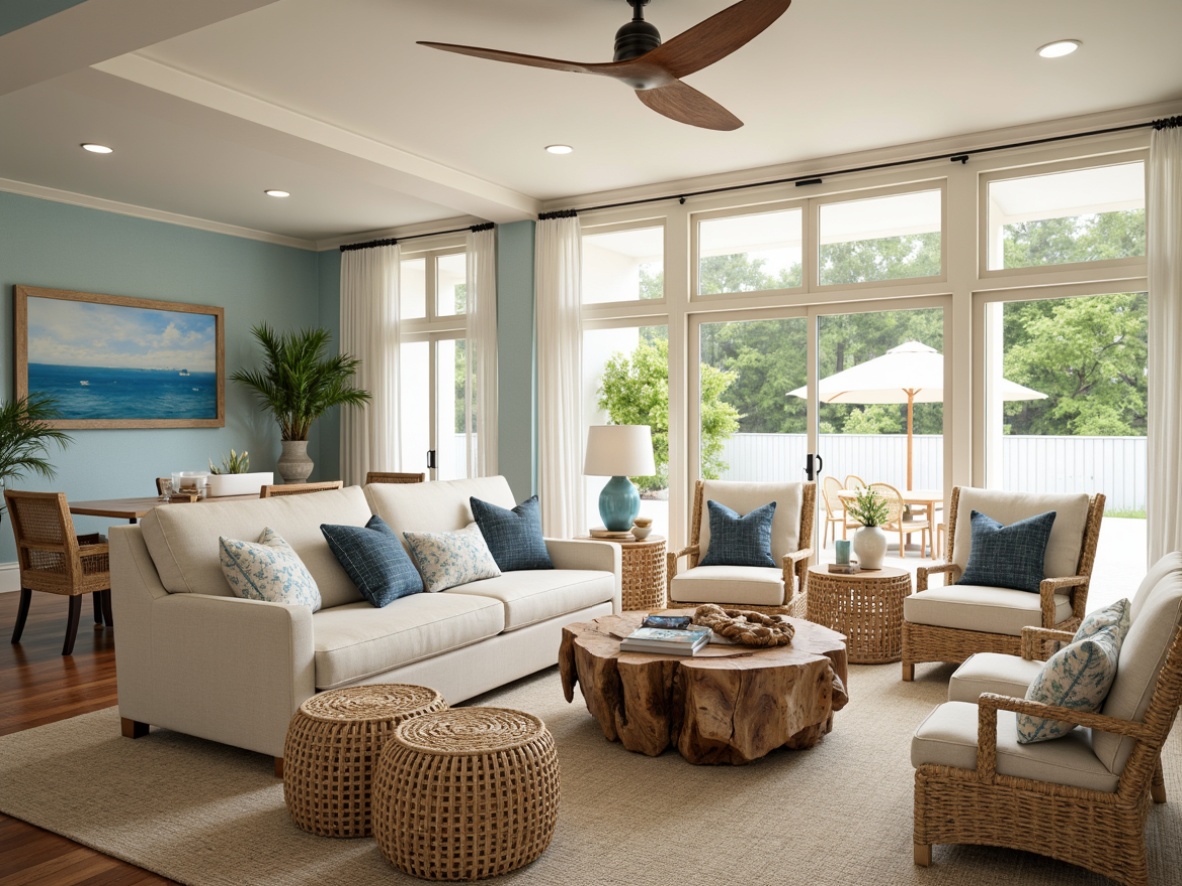 Prompt: Coastal living room, driftwood coffee table, plush sectional sofa, natural fiber armchairs, woven wicker ottomans, nautical ropes, jute rugs, sea-inspired artwork, ocean-blue accent walls, creamy white ceilings, large windows, sliding glass doors, beachy pendant lighting, soft warm glow, casual relaxed atmosphere, 1/2 composition, shallow depth of field, natural textures, ambient occlusion.