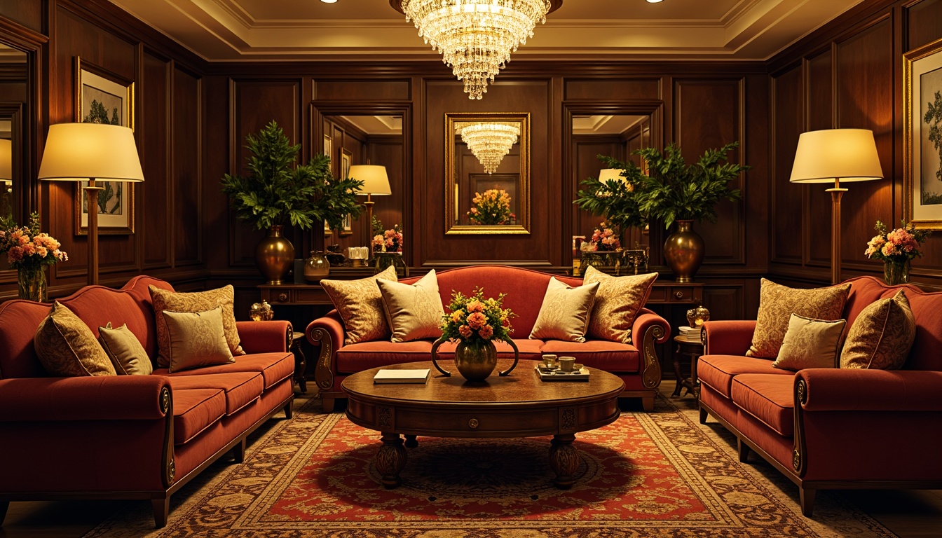 Prompt: Luxurious living room, velvet sofas, golden accents, ornate mirrors, crystal chandeliers, plush area rugs, rich wood furniture, intricate carvings, metallic vases, fresh flower arrangements, ambient warm lighting, soft focus, shallow depth of field, 1/1 composition, realistic textures, subtle shadows.