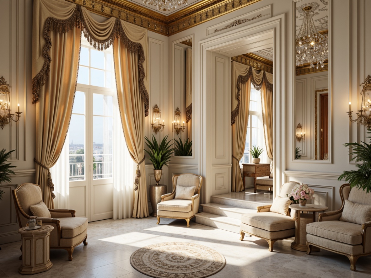 Prompt: Luxurious Rococo interior, soft pastel hues, delicate golden accents, ornate mirrors, intricate carvings, velvety upholstery, plush furnishings, rich tapestries, crystal chandeliers, lavish drapery, creamy marble surfaces, gentle candlelight, warm beige tones, pale blue undertones, subtle cream textures, elegant curved lines, refined Baroque patterns, subtle sheen finishes, indulgent ambiance, soft focus photography, 1/2 composition, atmospheric lighting.