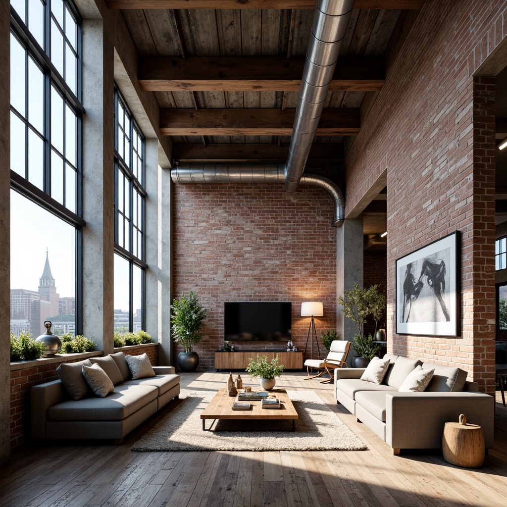 Prompt: Exposed brick walls, industrial metal beams, reclaimed wooden floors, minimalist decor, natural light pouring in, urban cityscape views, open-plan living areas, functional modular furniture, metallic accents, raw concrete textures, stripped-back architectural elements, distressed finishes, eclectic art pieces, pendant lighting fixtures, airy atmosphere, 3/4 composition, high-angle shots, dramatic shadows, ambient occlusion.