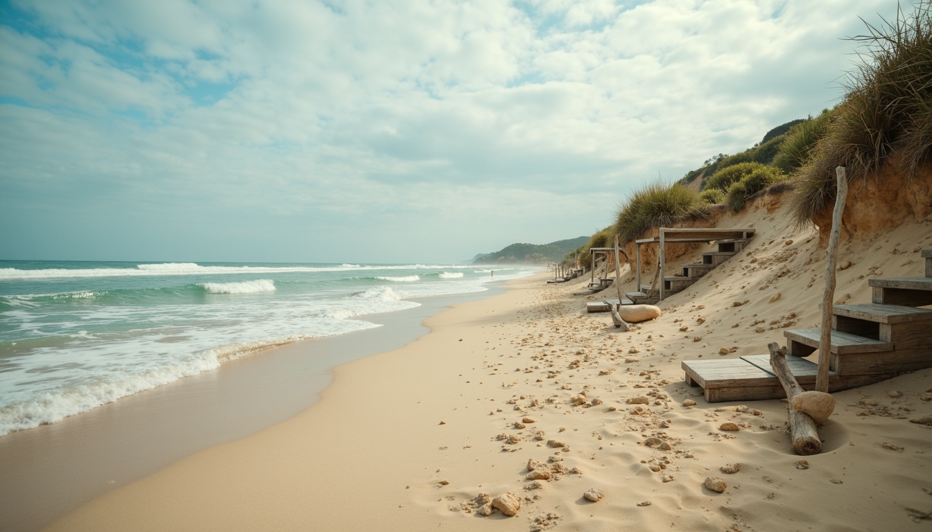 Prompt: Warm sandy beach, ocean waves, salty air, driftwood accents, natural textures, weathered wooden planks, soft pastel colors, calming blues, creamy whites, warm beige tones, distressed finishes, vintage nautical elements, classic cinematic lighting, soft focus, shallow depth of field, 2.35